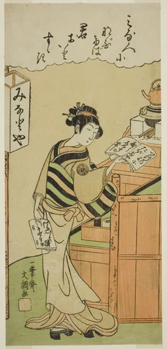 Waitress at the Minatoya Teahouse by Ippitsusai Buncho, print, 1764-1774