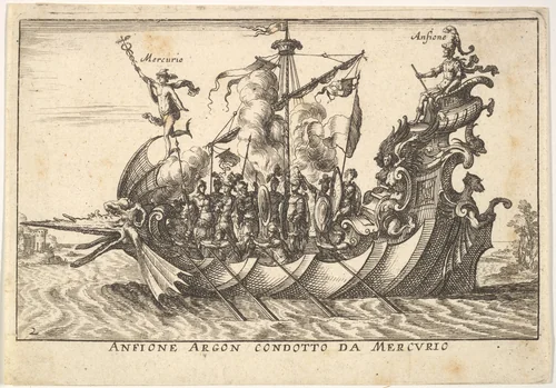 Plate 2: The Argonaut Amphion led by Mercury (Anfione Argon. condotto da Mercurio), from "The magnificent pageant on the river Arno in Florence for the marriage of the Grand Duke" (Le Magnifique carousel fait sur le fleuve de l'Arne a Florence, pour le mariage du Grand Duc) by anonymous, print, 1664