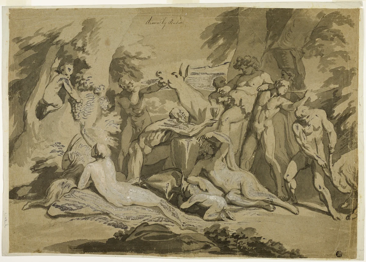 Drunken Silenus Satyr and Nymphs by Nicolas Poussin, drawing, 1614-1665