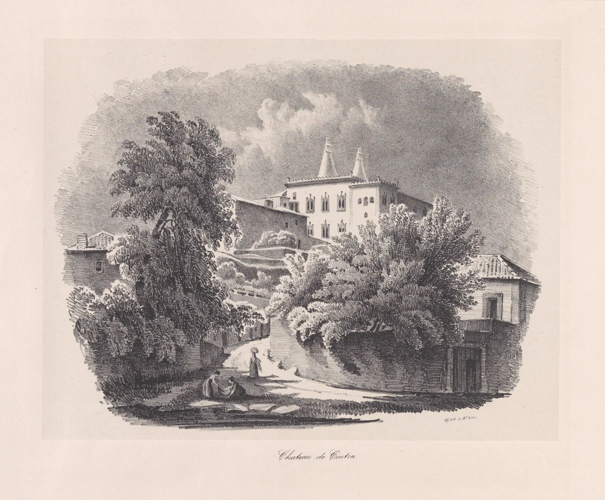 View of Sintra with what is now the National Palace in the background by Clementine de Brelaz, print, 1840