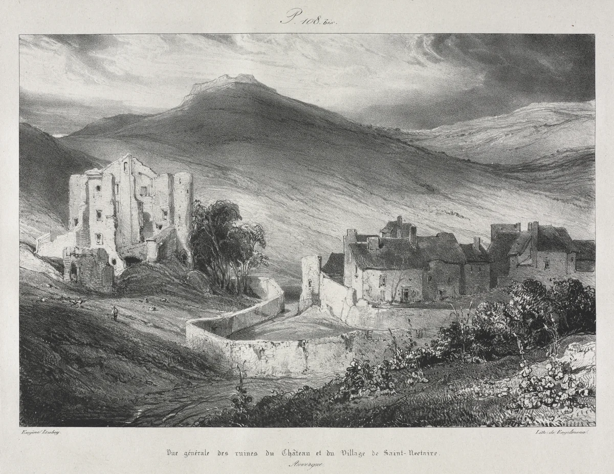 Voyages pittoresques et romantiques dans l'ancienne France, Auvergne: Ruines du château et du village de Saint Nectaire by Eugène Isabey, print, 1831