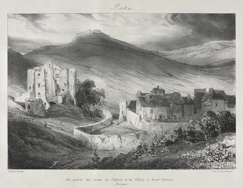 Voyages pittoresques et romantiques dans l'ancienne France, Auvergne: Ruines du château et du village de Saint Nectaire by Eugène Isabey, print, 1831