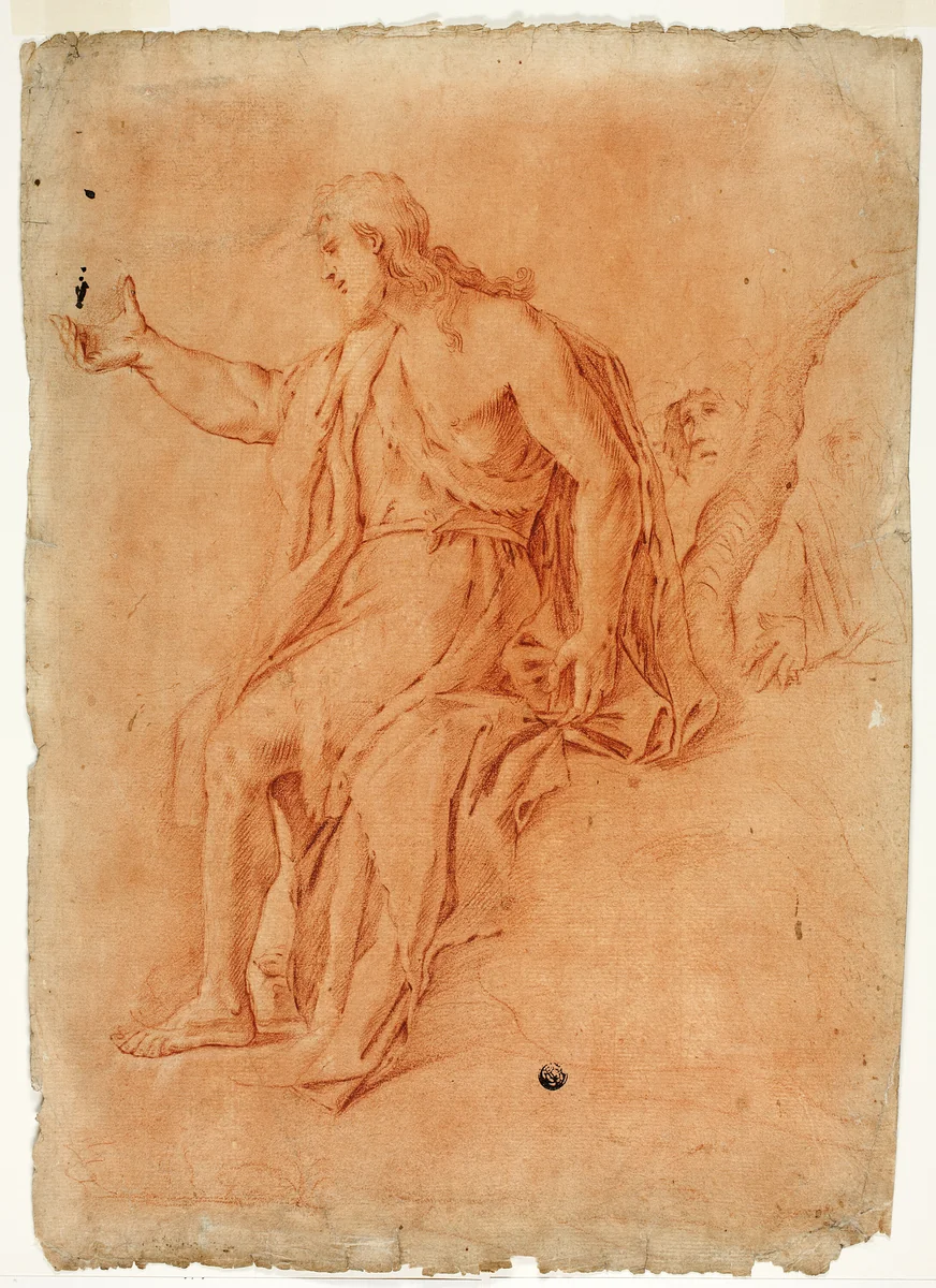 Saint John the Baptist Preaching (recto); Male Nude with Raised Arms and Sketches of Heads (verso) by Luca Giordano, drawing, 1642-1705