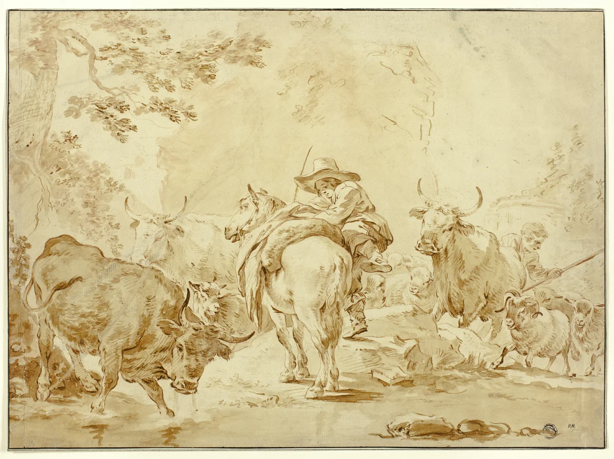 Herdsmen with Cattle and Sheep by Claes Pietersz Berchem, drawing, 1640-1720