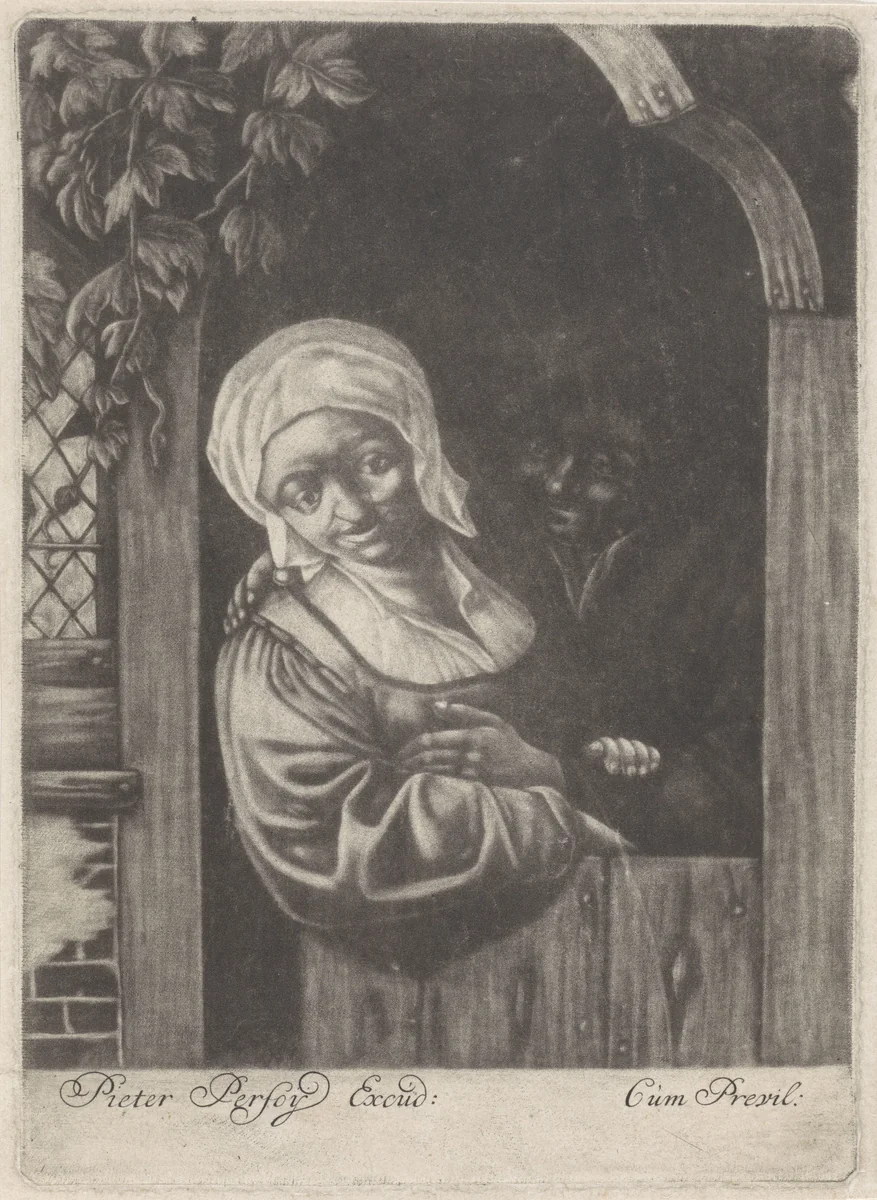 Man en vrouw in een deuropening by anonymous, print, 1688-1694