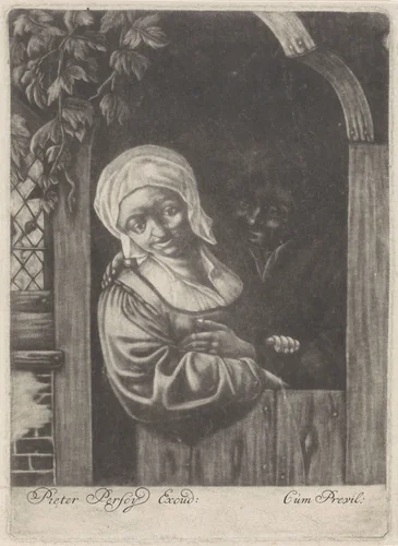 Man en vrouw in een deuropening by anonymous, print, 1688-1694