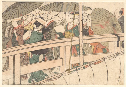 Women on a Bridge, from the illustrated book Flowers of the Four Seasons by Kitagawa Utamaro (喜多川歌麿), print, 1801