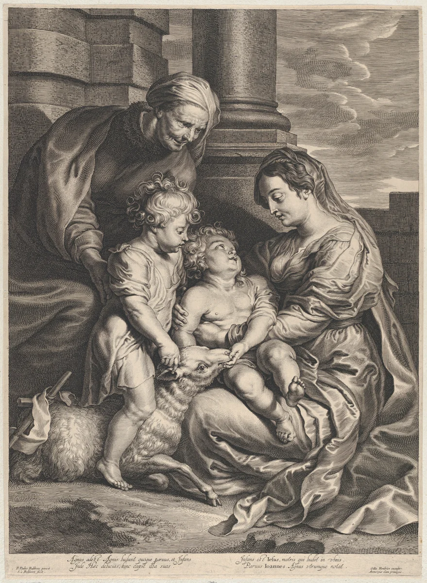 The Virgin and Christ child with Saint Anne and Saint John the Baptist by Schelte Adams Bolswert, print, 1635-1664