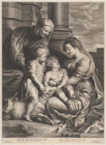 The Virgin and Christ child with Saint Anne and Saint John the Baptist by Schelte Adams Bolswert, print, 1635-1664