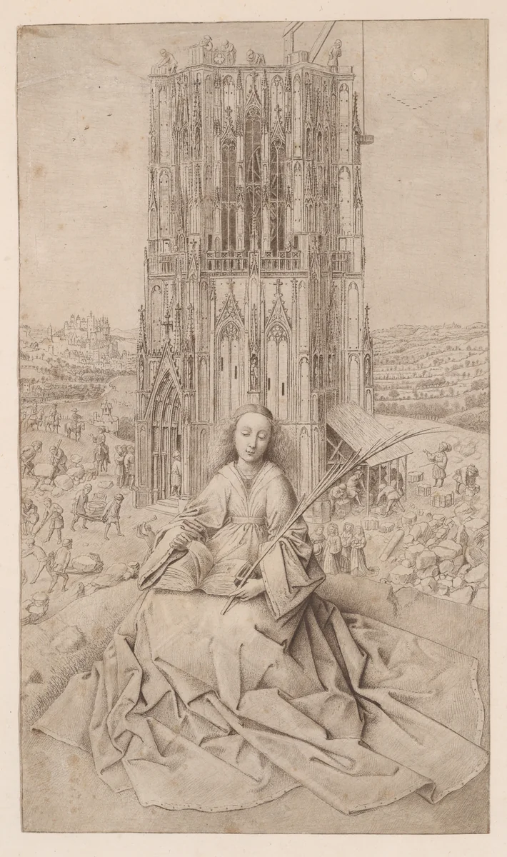 Saint Barbara, Seated Before her Tower by Cornelis van Noorde, print, 1769