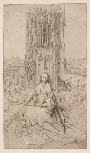 Saint Barbara, Seated Before her Tower by Cornelis van Noorde, print, 1769