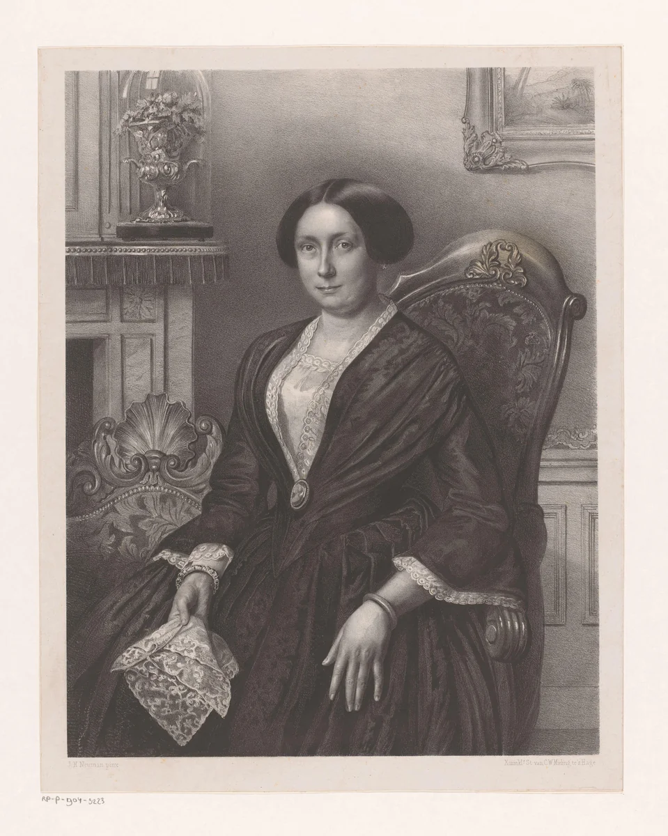 Portret van een dame in een interieur by anonymous, print, 1847-1865