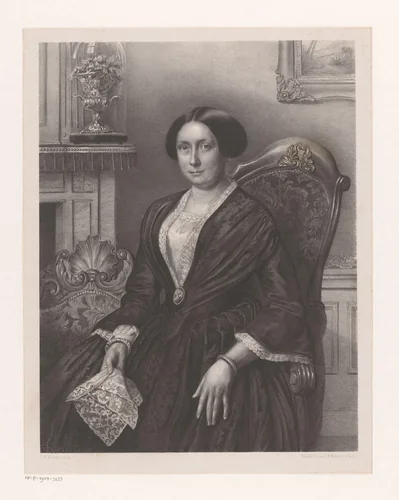Portret van een dame in een interieur by anonymous, print, 1847-1865