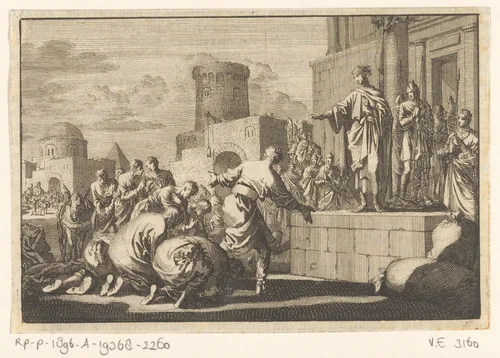 Jozef verkoopt koren aan zijn broers by Jan Luyken, print, 1704