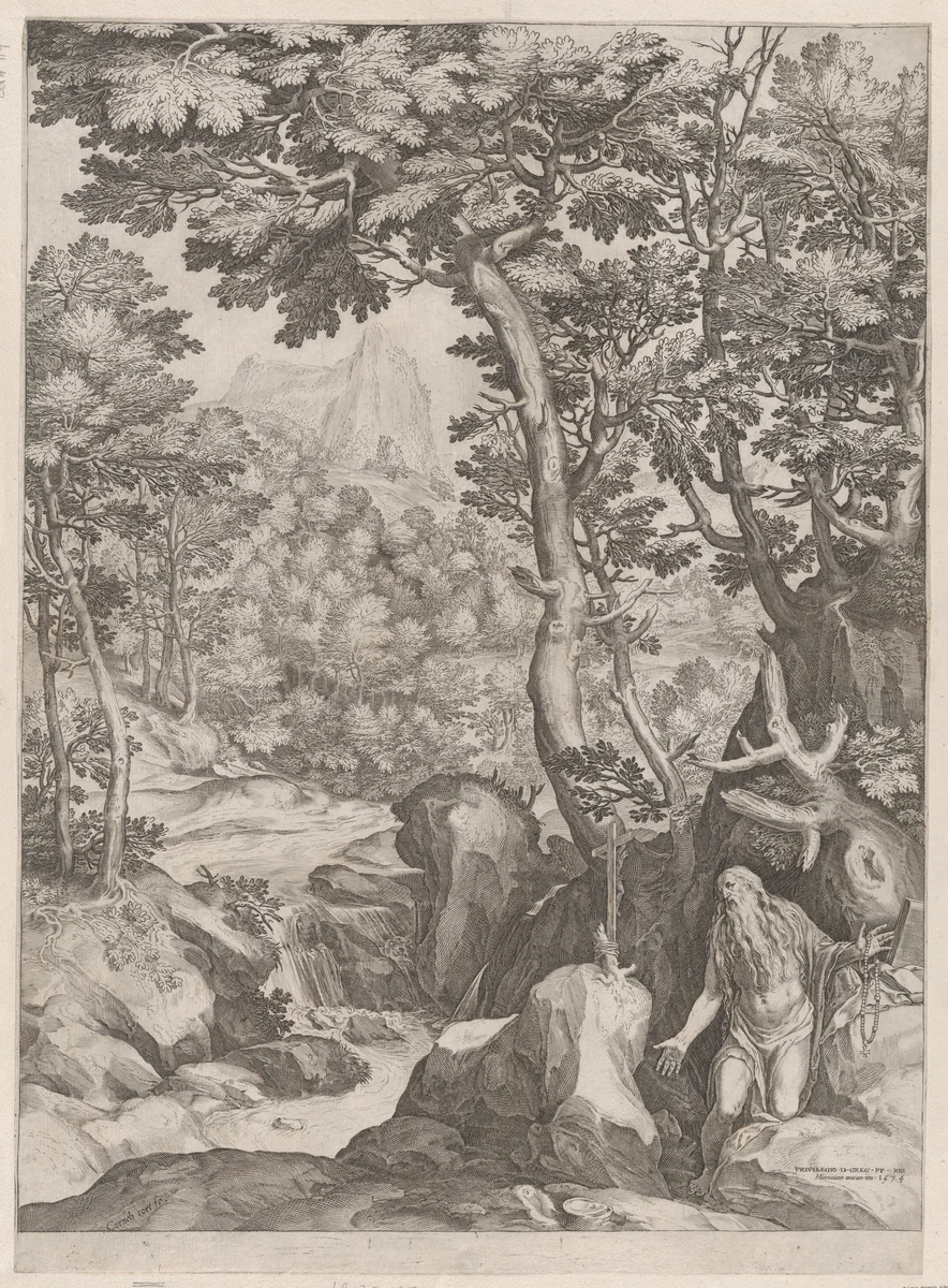 St Onuphrius in the Wilderness by Cornelis Cort, print, 1574