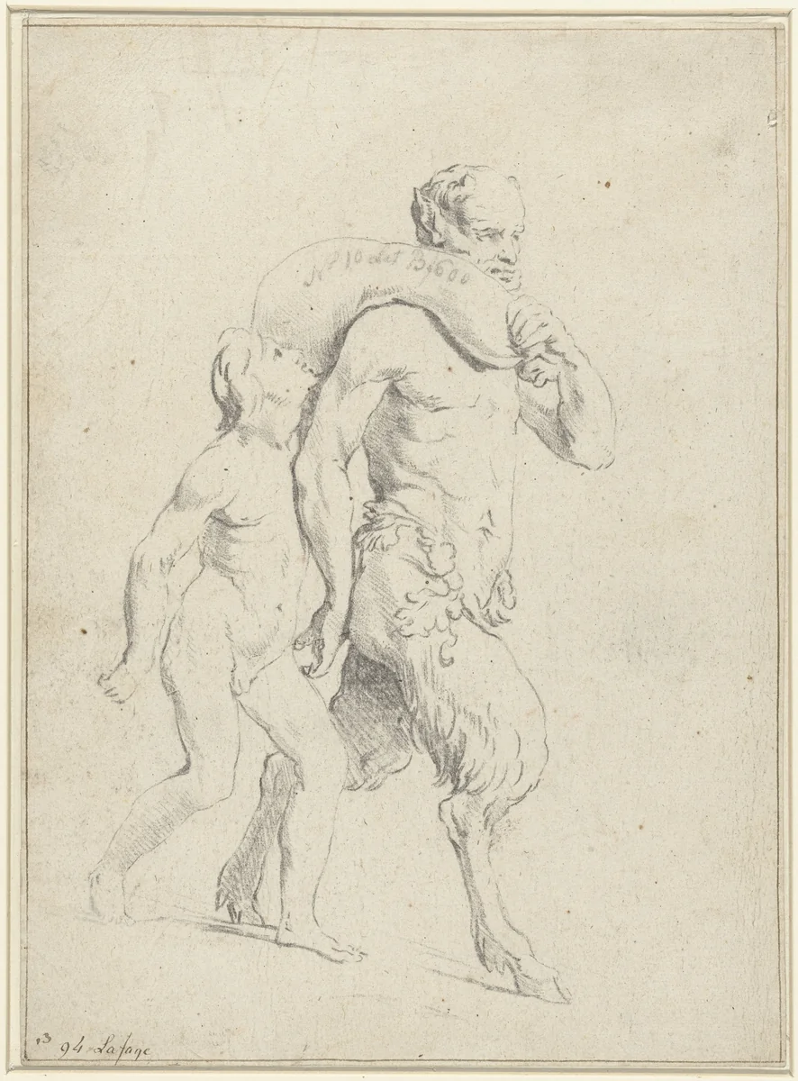 Jongen naast een sater met een zak by anonymous, drawing, 1666-1700