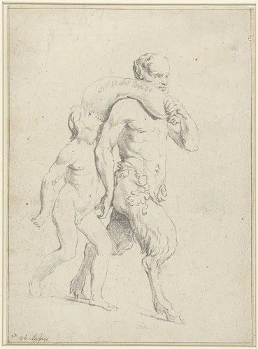 Jongen naast een sater met een zak by anonymous, drawing, 1666-1700