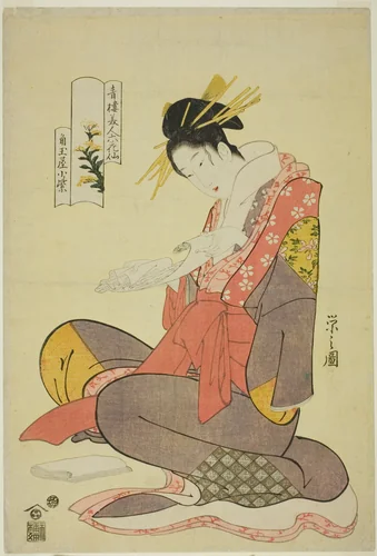 Komurasaki of the Kadotamaya, from the series Six Flowery Immortals of the Pleasure Quarters (Seiro bijin rokkasen) by Chobunsai Eishi, print, 1789-1800