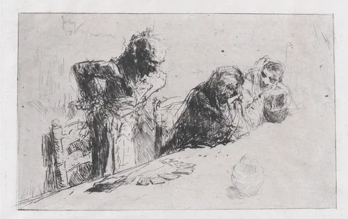 Cardplayers: three men, two seated one standing before a spread of cards on a table by Mariano Fortuny Marsal, print, 1867