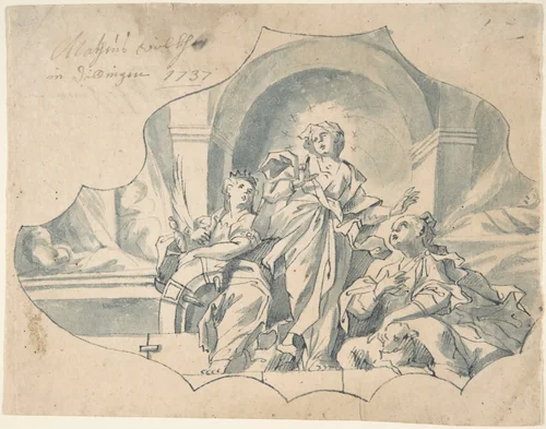 Design for a Ceiling showing the Virgin, Catherine, and Agnes by Matthais Wolcker, drawing, 1730-1742