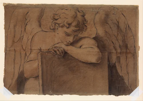 Cartoon Fragment for Adolescent Angel Leaning on a Tablet or Closed Book by Marcantonio Franceschini, drawing, 1685-1695