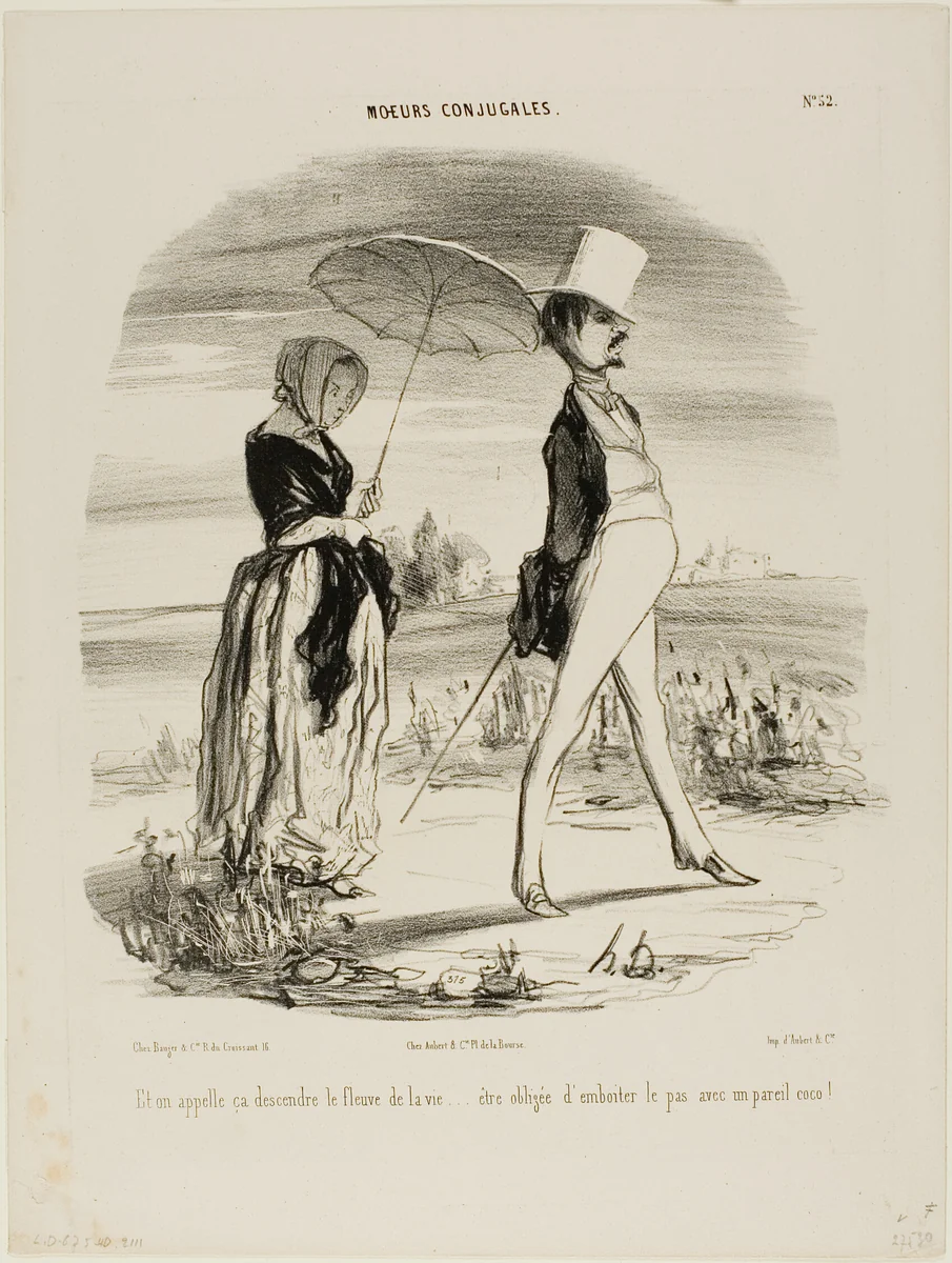 “So this is what's called following the stream of life..... to be compelled to march lockstep with such a fool!,” plate 52 from Moeurs Conjugales by Honoré-Victorin Daumier, print, 1842