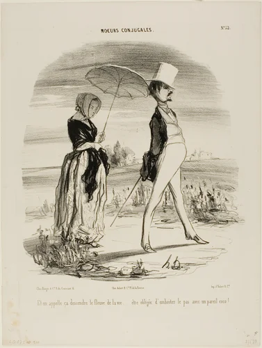 “So this is what's called following the stream of life..... to be compelled to march lockstep with such a fool!,” plate 52 from Moeurs Conjugales by Honoré-Victorin Daumier, print, 1842