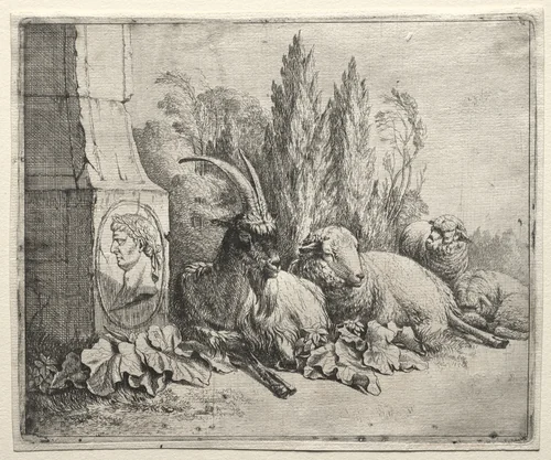 Bust at the Bottom of a Pyramid by Johann Heinrich Roos, print, 1665