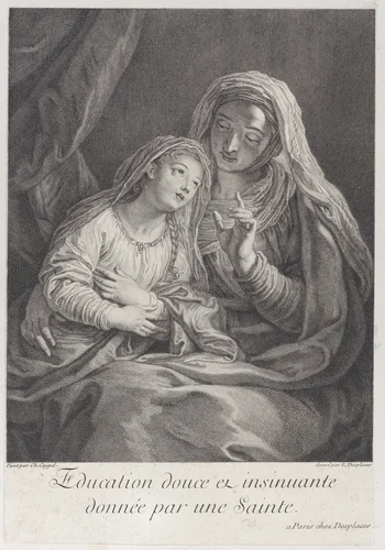 The sweet and insinuating education given by a saint (Education douce et insinuante donnée par une Sainte) by Louis Desplaces, print, 1700-1739