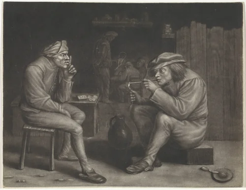 Kroegscène met man die pijp aansteekt by Jan van der Bruggen, print, 1659-1740