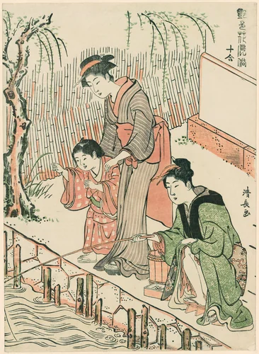 Fishing, from the series "A Set of Ten Beauties in Flowerlike Styles (Enshoku hana fuzoku ju awase)" by Torii Kiyonaga (鳥居清長), print, 1777-1787