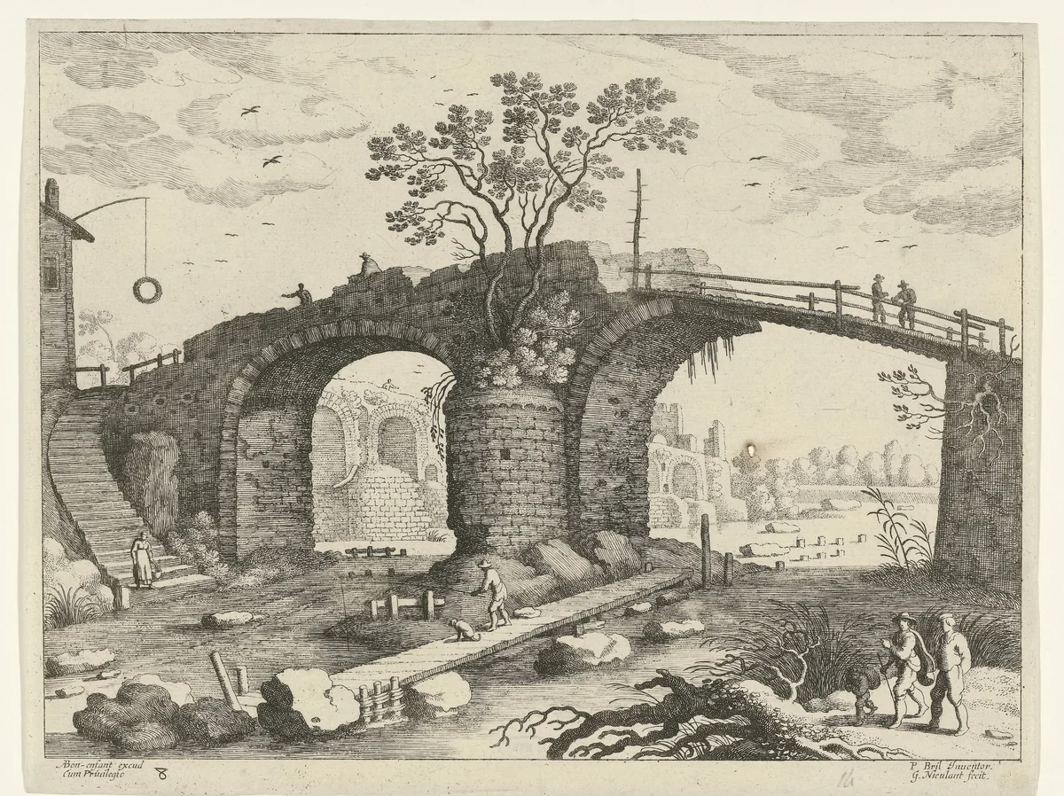 Brug over een rivier by Unknown, print, 1594-1635