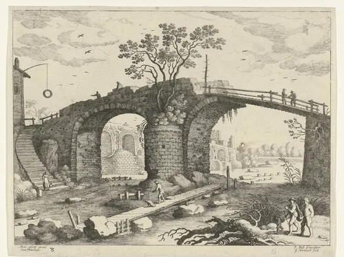 Brug over een rivier by Unknown, print, 1594-1635