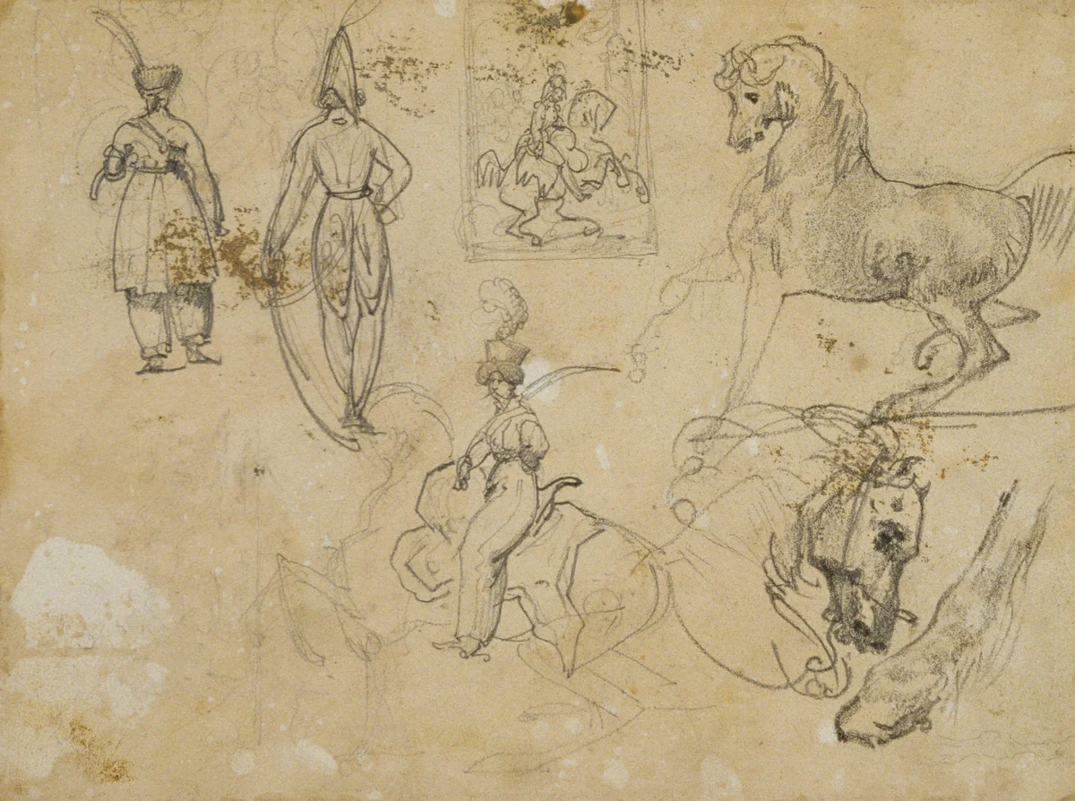 Sketches of Russian Officers and Horses by Jean Louis André Théodore Géricault, drawing, 1813-1814