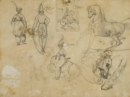 Sketches of Russian Officers and Horses by Jean Louis André Théodore Géricault, drawing, 1813-1814