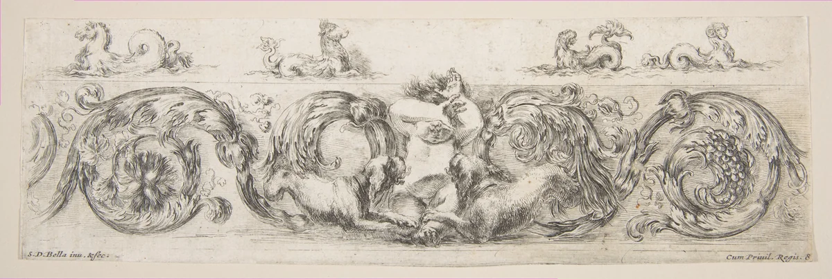 Rinceaux with Child Frightened by Dogs, plate 8 from "Decorative friezes and foliage" (Ornamenti di fregi e fogliami) by Stefano della Bella, print, 1643-1653