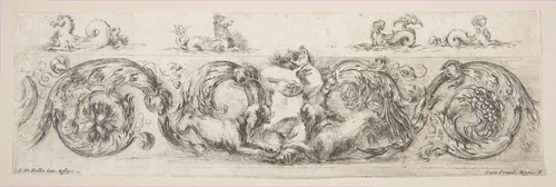 Rinceaux with Child Frightened by Dogs, plate 8 from "Decorative friezes and foliage" (Ornamenti di fregi e fogliami) by Stefano della Bella, print, 1643-1653