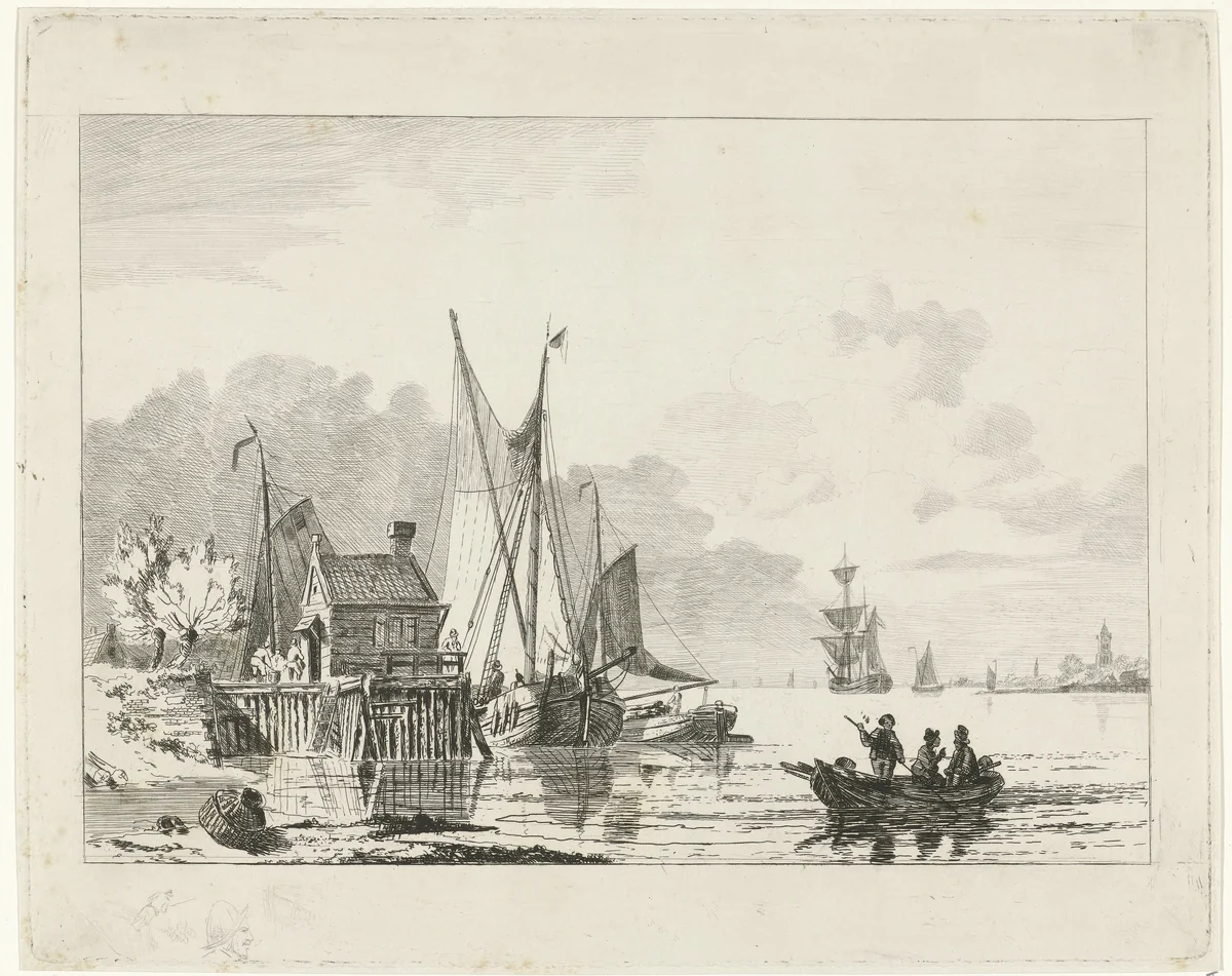 Riviergezicht met aangemeerde zeilschepen by Willem Gruyter jr., print, 1832-1880