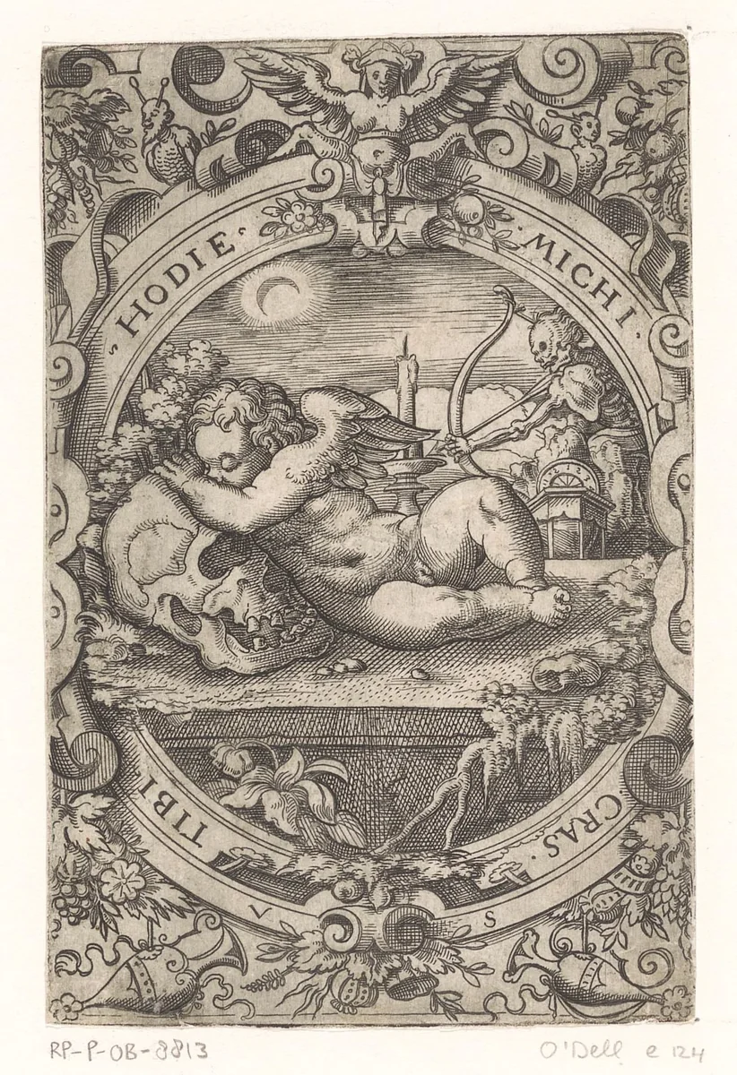 Putto slapend bij een schedel by Unknown, print, 1524-1562