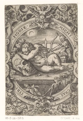 Putto slapend bij een schedel by Unknown, print, 1524-1562