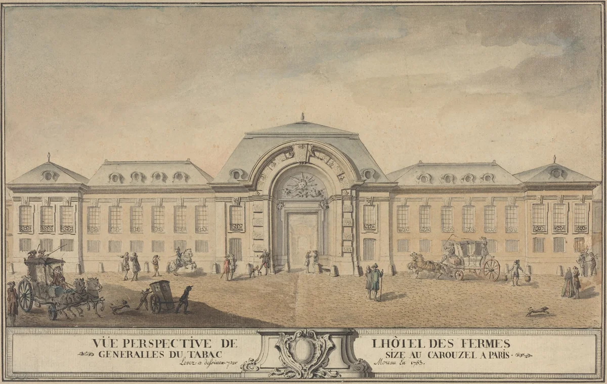 View of the Hôtel des Fermes Générales du Tabac by Jean Michel Moreau, drawing, 1763