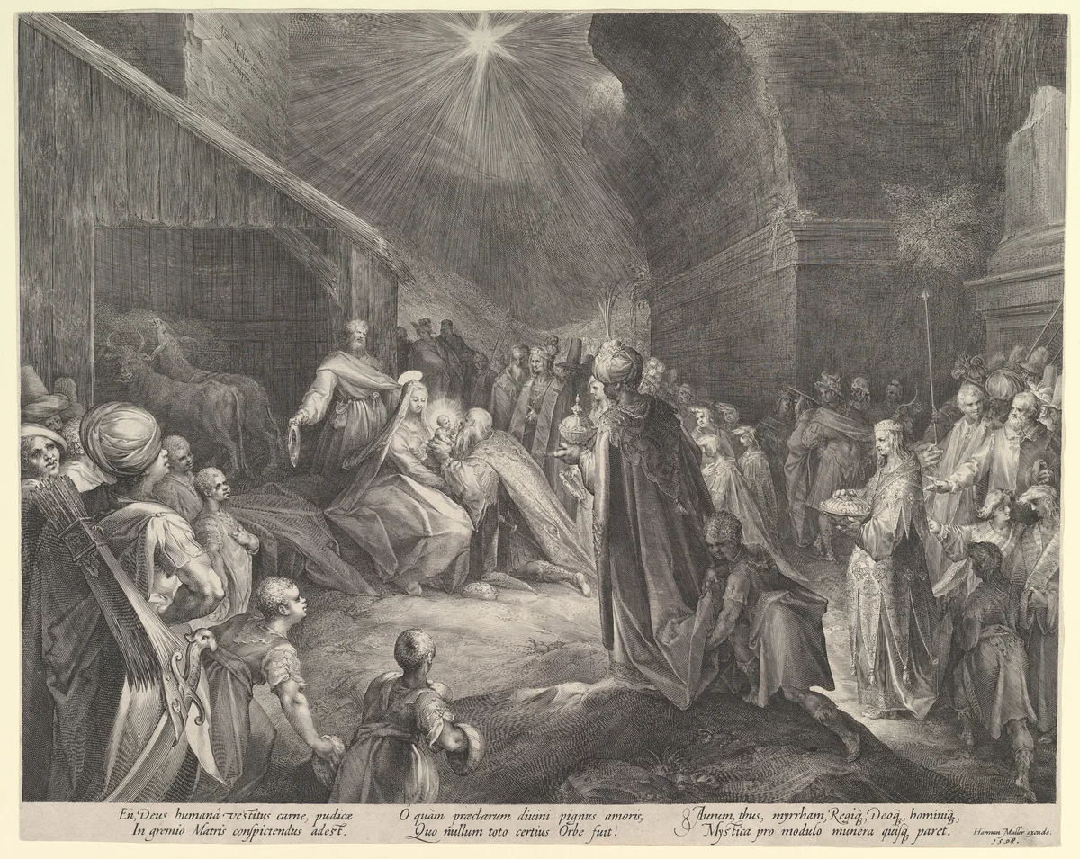 The Adoration of the Magi by Jan Muller, print, 1598