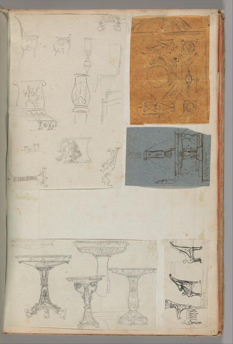 Page from a Scrapbook containing Drawings and Several Prints of Architecture, Interiors, Furniture and Other Objects by Charles Percier, book, 1795-1805