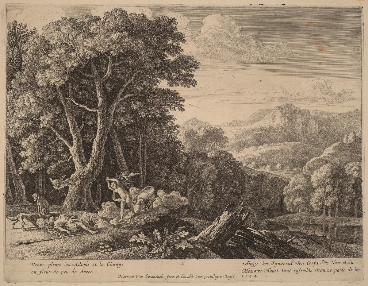 Venus Lamenting over Adonis' Death by Herman van Swanevelt, print, 1600-1655