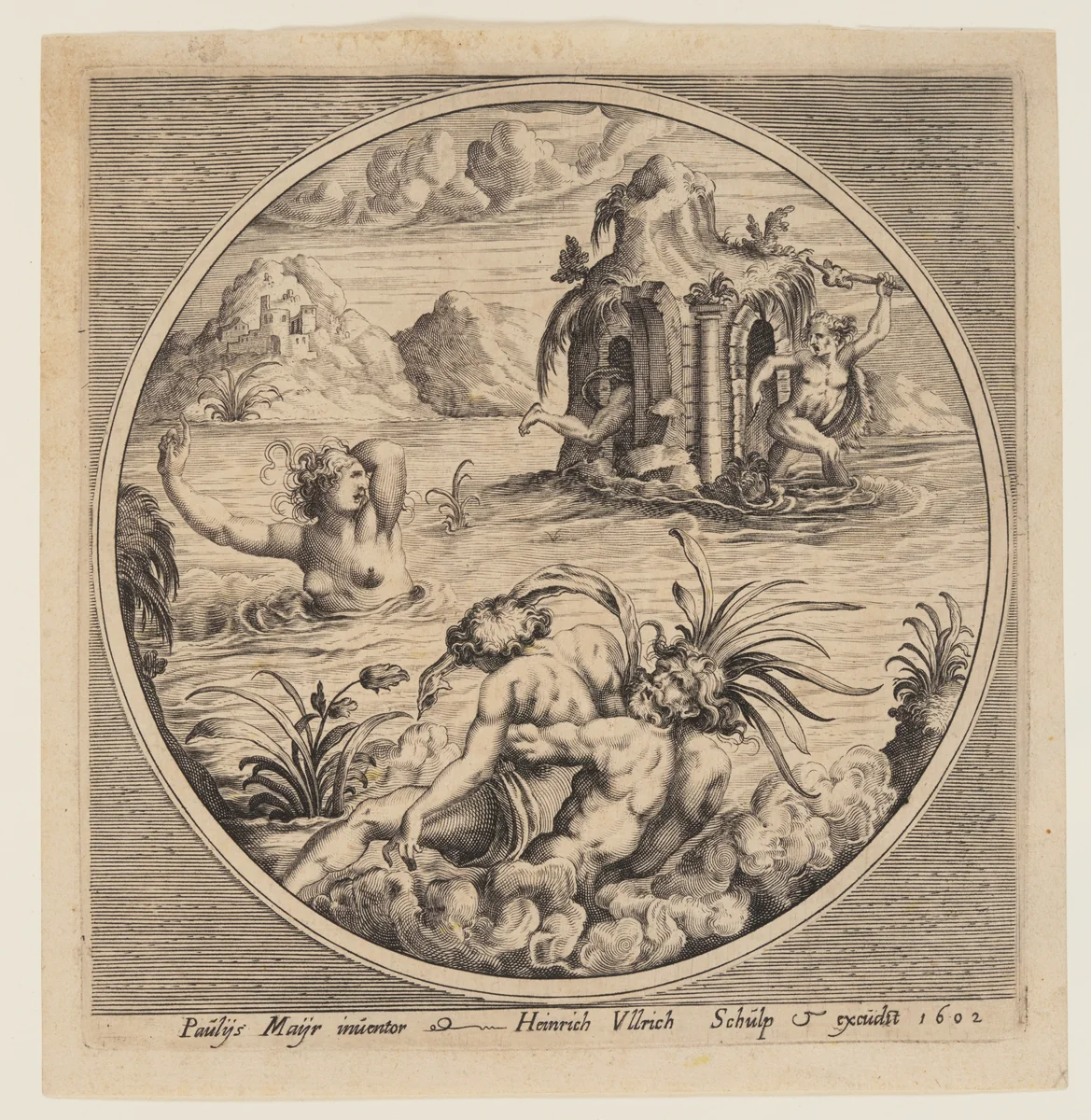 Mythological marine suject in a roundel by Heinrich Ulrich, print, 1602