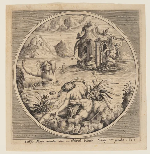 Mythological marine suject in a roundel by Heinrich Ulrich, print, 1602