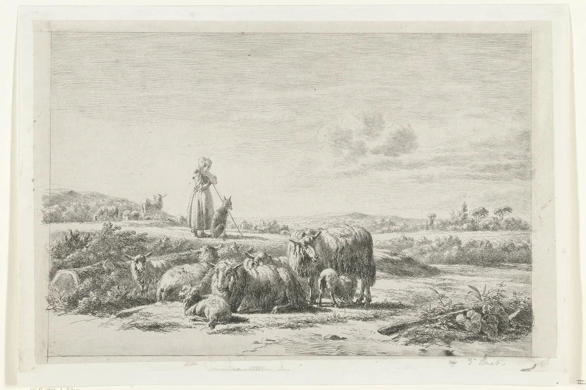 Landschap met herderin en hond bij kudde schapen by Simon van den Berg, print, 1822-1885