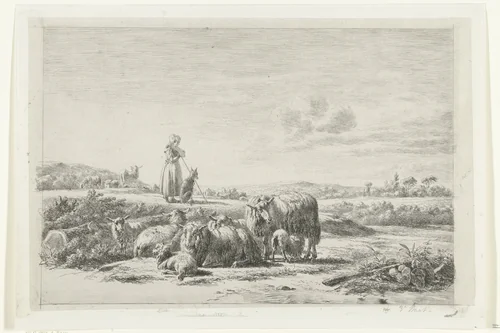 Landschap met herderin en hond bij kudde schapen by Simon van den Berg, print, 1822-1885