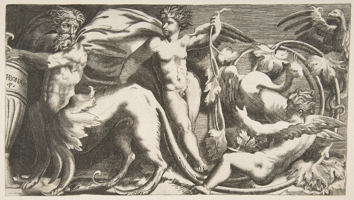 ornamental Frieze with two Putti and a Monster by Giulio Bonasone, print, 1531-1590