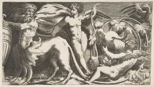 ornamental Frieze with two Putti and a Monster by Giulio Bonasone, print, 1531-1590